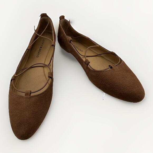 Lucky Brand Women's Aviee Leather Slip-On Lace Up Ballet Flats Brown Size 9 NEW - Picture 1 of 8